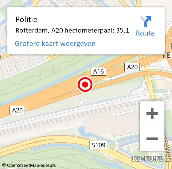 Locatie op kaart van de 112 melding: Politie Rotterdam, A20 hectometerpaal: 35,1 op 18 augustus 2022 14:38