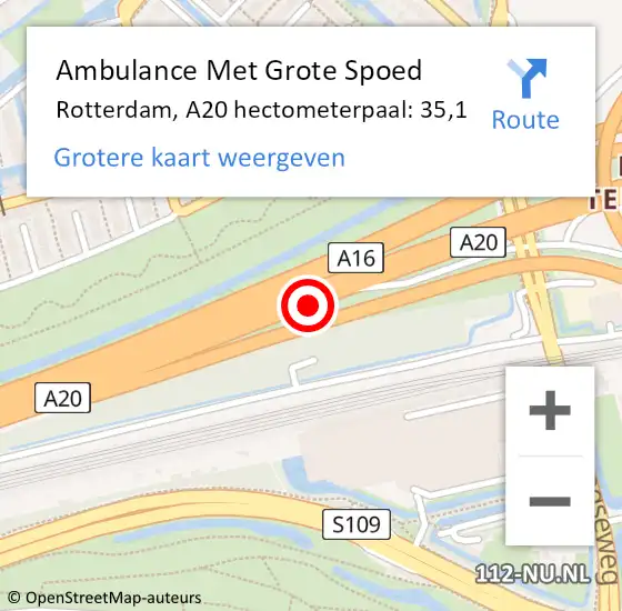 Locatie op kaart van de 112 melding: Ambulance Met Grote Spoed Naar Rotterdam, A20 hectometerpaal: 35,1 op 18 augustus 2022 14:38