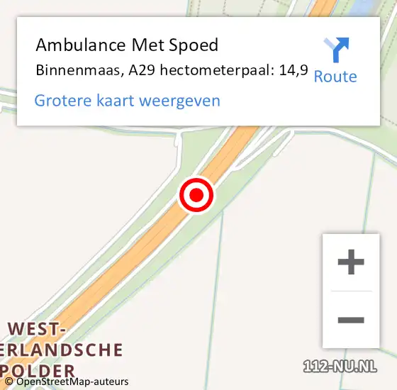 Locatie op kaart van de 112 melding: Ambulance Met Spoed Naar Binnenmaas, A29 hectometerpaal: 14,9 op 18 augustus 2022 15:09