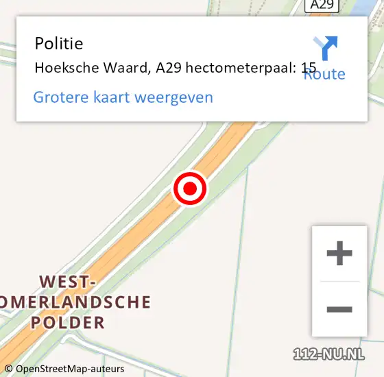 Locatie op kaart van de 112 melding: Politie Binnenmaas, A29 hectometerpaal: 15 op 18 augustus 2022 15:12