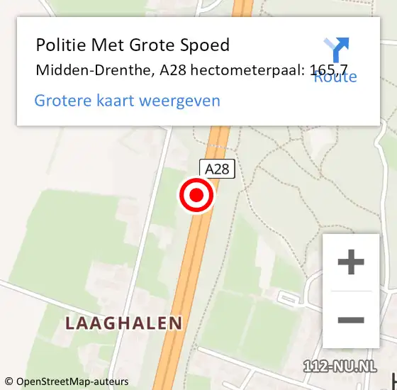 Locatie op kaart van de 112 melding: Politie Met Grote Spoed Naar Midden-Drenthe, A28 hectometerpaal: 165,7 op 18 augustus 2022 15:50