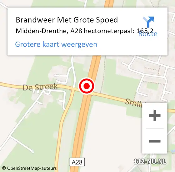 Locatie op kaart van de 112 melding: Brandweer Met Grote Spoed Naar Midden-Drenthe, A28 hectometerpaal: 165,2 op 18 augustus 2022 15:53