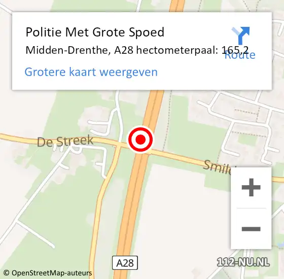 Locatie op kaart van de 112 melding: Politie Met Grote Spoed Naar Midden-Drenthe, A28 hectometerpaal: 165,2 op 18 augustus 2022 15:53