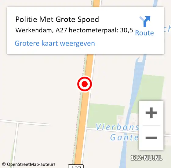 Locatie op kaart van de 112 melding: Politie Met Grote Spoed Naar Werkendam, A27 hectometerpaal: 30,5 op 18 augustus 2022 18:12
