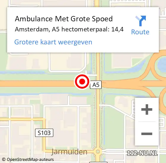 Locatie op kaart van de 112 melding: Ambulance Met Grote Spoed Naar Amsterdam, A5 hectometerpaal: 14,4 op 19 augustus 2022 09:57