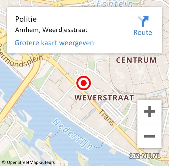 Locatie op kaart van de 112 melding: Politie Arnhem, Weerdjesstraat op 19 augustus 2022 13:15