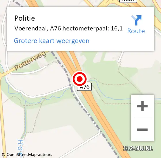 Locatie op kaart van de 112 melding: Politie Voerendaal, A76 hectometerpaal: 16,1 op 19 augustus 2022 16:35