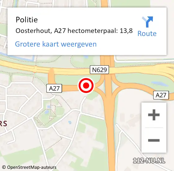Locatie op kaart van de 112 melding: Politie Oosterhout, A27 hectometerpaal: 13,8 op 19 augustus 2022 17:28
