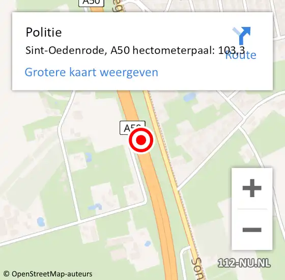 Locatie op kaart van de 112 melding: Politie Sint-Oedenrode, A50 hectometerpaal: 103,3 op 20 augustus 2022 07:05