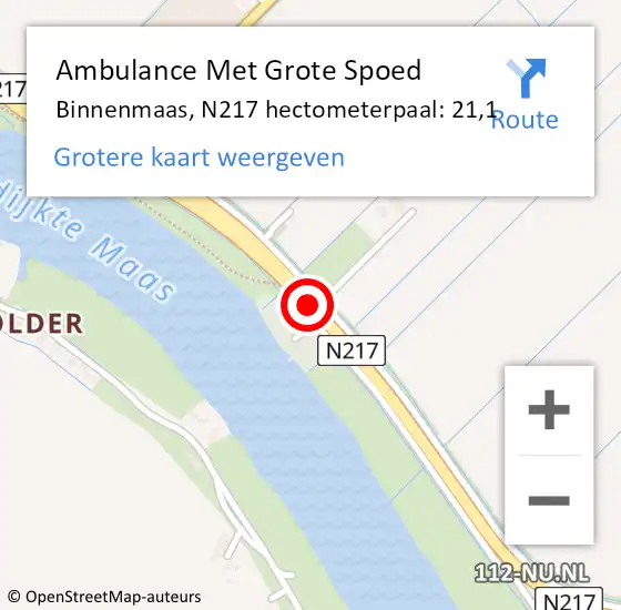 Locatie op kaart van de 112 melding: Ambulance Met Grote Spoed Naar Binnenmaas, N217 hectometerpaal: 21,1 op 20 augustus 2022 09:13