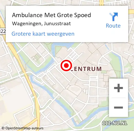 Locatie op kaart van de 112 melding: Ambulance Met Grote Spoed Naar Wageningen, Junusstraat op 20 augustus 2022 11:22
