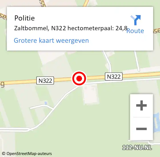 Locatie op kaart van de 112 melding: Politie Zaltbommel, N322 hectometerpaal: 24,8 op 20 augustus 2022 12:24