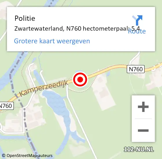 Locatie op kaart van de 112 melding: Politie Zwartewaterland, N760 hectometerpaal: 5,4 op 20 augustus 2022 14:37