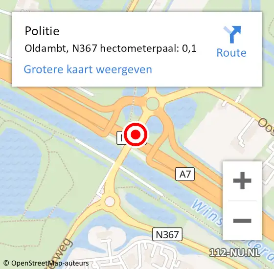 Locatie op kaart van de 112 melding: Politie Oldambt, N367 hectometerpaal: 0,1 op 20 augustus 2022 15:20