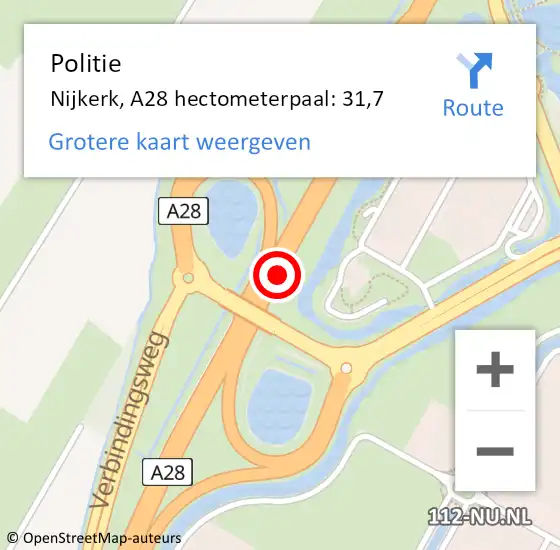 Locatie op kaart van de 112 melding: Politie Nijkerk, A28 hectometerpaal: 31,7 op 20 augustus 2022 16:24