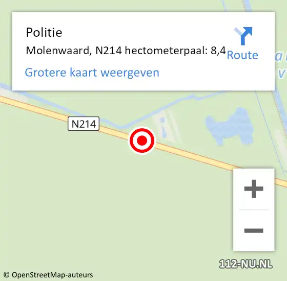 Locatie op kaart van de 112 melding: Politie Molenwaard, N214 hectometerpaal: 8,4 op 20 augustus 2022 16:55