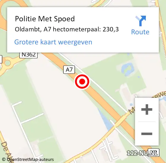 Locatie op kaart van de 112 melding: Politie Met Spoed Naar Oldambt, A7 hectometerpaal: 230,3 op 20 augustus 2022 21:31