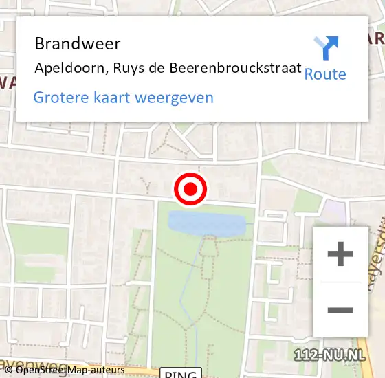 Locatie op kaart van de 112 melding: Brandweer Apeldoorn, Ruys de Beerenbrouckstraat op 20 augustus 2022 22:22