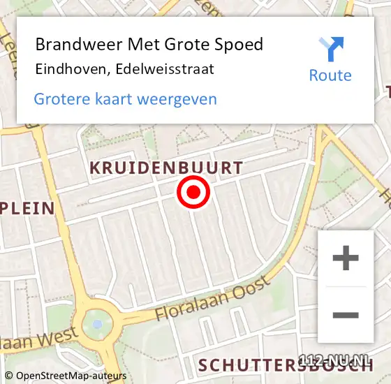 Locatie op kaart van de 112 melding: Brandweer Met Grote Spoed Naar Eindhoven, Edelweisstraat op 21 augustus 2022 00:40
