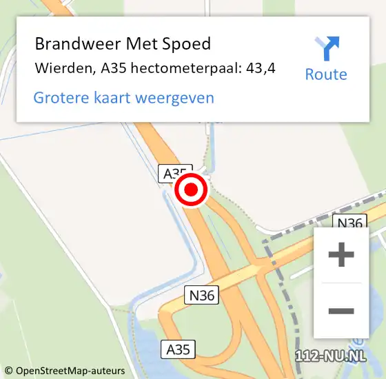 Locatie op kaart van de 112 melding: Brandweer Met Spoed Naar Wierden, A35 hectometerpaal: 43,4 op 21 augustus 2022 23:20