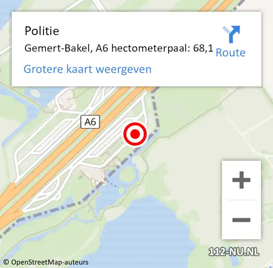 Locatie op kaart van de 112 melding: Politie Gemert-Bakel, A6 hectometerpaal: 68,1 op 22 augustus 2022 05:56