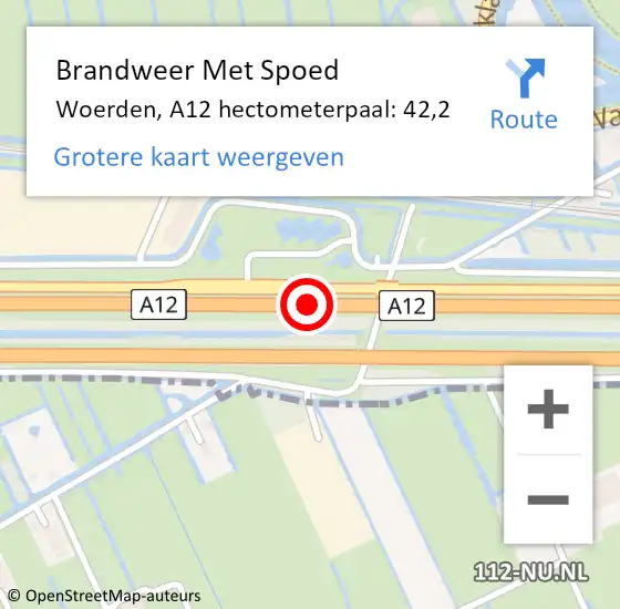 Locatie op kaart van de 112 melding: Brandweer Met Spoed Naar Woerden, A12 hectometerpaal: 42,2 op 22 augustus 2022 14:56