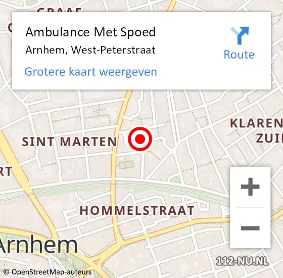 Locatie op kaart van de 112 melding: Ambulance Met Spoed Naar Arnhem, West-Peterstraat op 22 augustus 2022 20:21