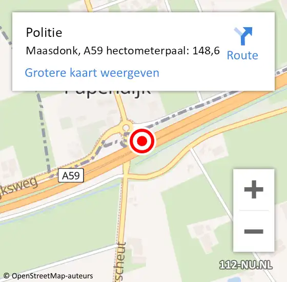 Locatie op kaart van de 112 melding: Politie Maasdonk, A59 hectometerpaal: 148,6 op 23 augustus 2022 08:56