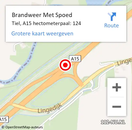 Locatie op kaart van de 112 melding: Brandweer Met Spoed Naar Tiel, A15 hectometerpaal: 124 op 23 augustus 2022 13:26