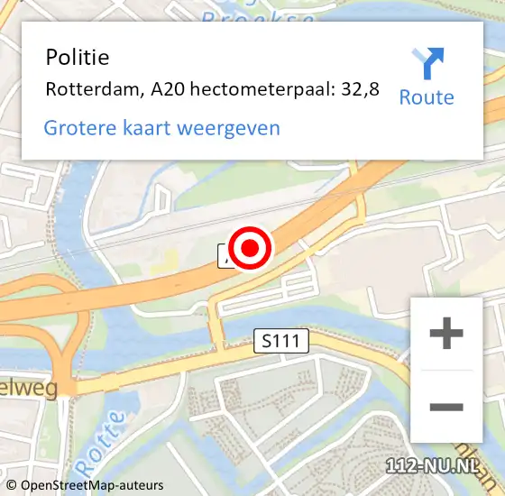 Locatie op kaart van de 112 melding: Politie Rotterdam, A20 hectometerpaal: 32,8 op 23 augustus 2022 15:18