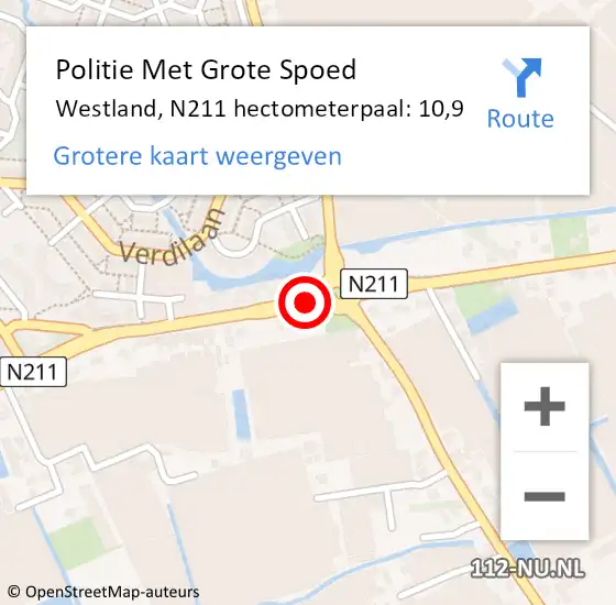 Locatie op kaart van de 112 melding: Politie Met Grote Spoed Naar Westland, N211 hectometerpaal: 10,9 op 23 augustus 2022 16:17