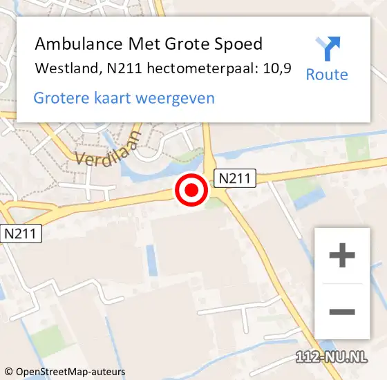 Locatie op kaart van de 112 melding: Ambulance Met Grote Spoed Naar Westland, N211 hectometerpaal: 10,9 op 23 augustus 2022 16:22