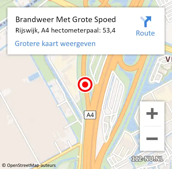 Locatie op kaart van de 112 melding: Brandweer Met Grote Spoed Naar Rijswijk, A4 hectometerpaal: 53,4 op 23 augustus 2022 21:37