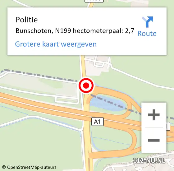 Locatie op kaart van de 112 melding: Politie Bunschoten, N199 hectometerpaal: 2,7 op 24 augustus 2022 06:37