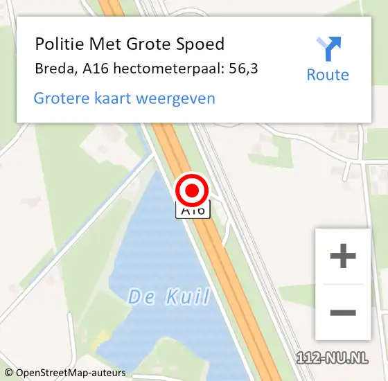 Locatie op kaart van de 112 melding: Politie Met Grote Spoed Naar Breda, A16 hectometerpaal: 56,3 op 24 augustus 2022 07:15