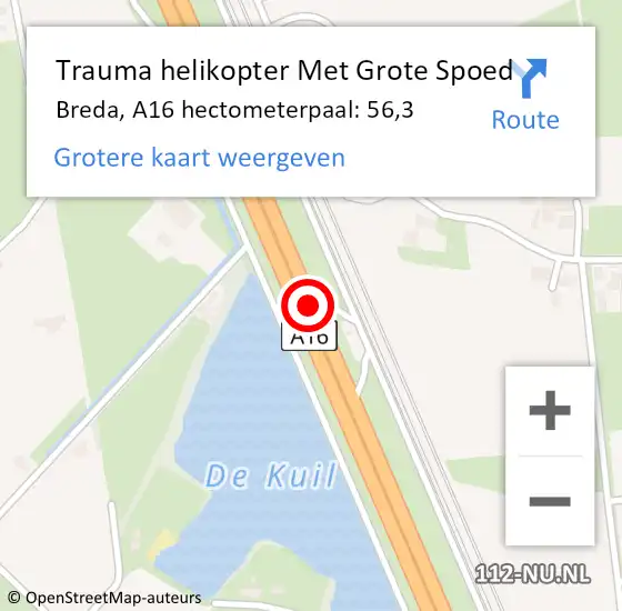Locatie op kaart van de 112 melding: Trauma helikopter Met Grote Spoed Naar Breda, A16 hectometerpaal: 56,3 op 24 augustus 2022 07:39