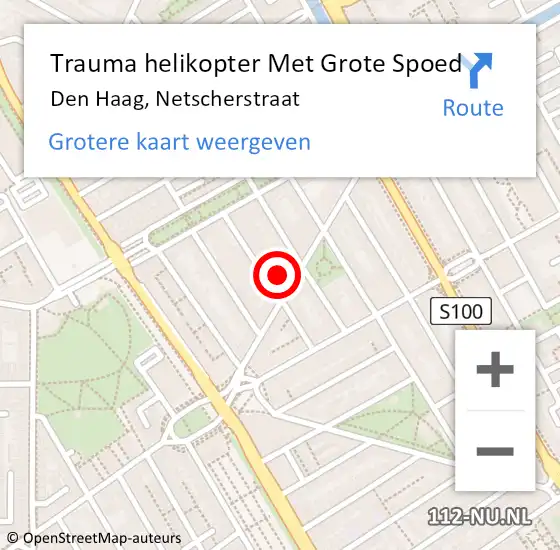 Locatie op kaart van de 112 melding: Trauma helikopter Met Grote Spoed Naar Den Haag, Netscherstraat op 24 augustus 2022 09:31