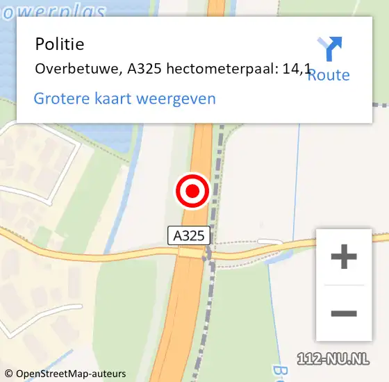 Locatie op kaart van de 112 melding: Politie Overbetuwe, A325 hectometerpaal: 14,1 op 24 augustus 2022 17:24