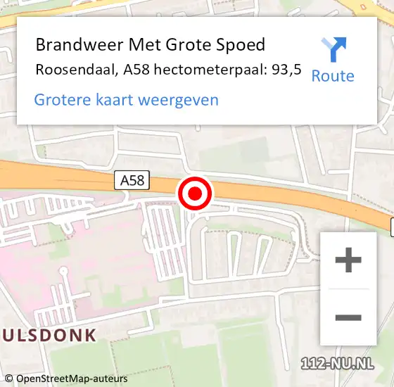Locatie op kaart van de 112 melding: Brandweer Met Grote Spoed Naar Roosendaal, A58 hectometerpaal: 93,5 op 25 augustus 2022 00:30