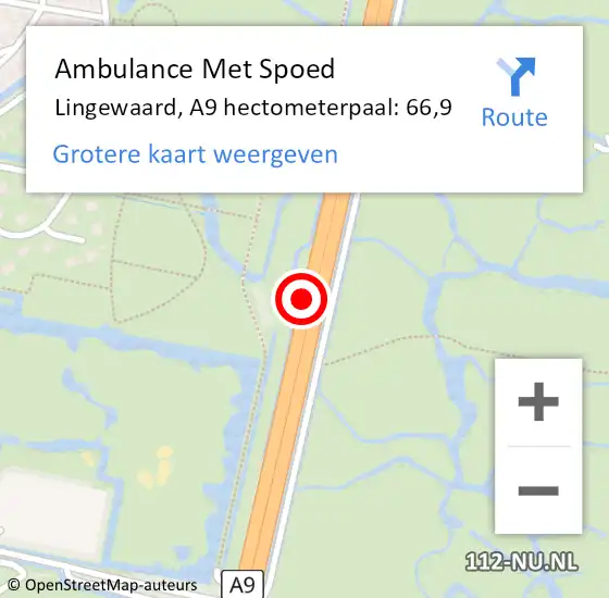 Locatie op kaart van de 112 melding: Ambulance Met Spoed Naar Lingewaard, A9 hectometerpaal: 66,9 op 25 augustus 2022 06:54