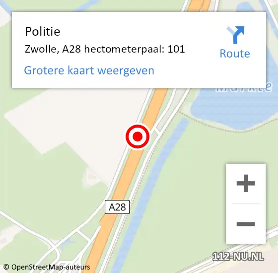 Locatie op kaart van de 112 melding: Politie Zwolle, A28 hectometerpaal: 101 op 25 augustus 2022 16:46