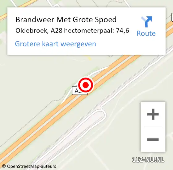 Locatie op kaart van de 112 melding: Brandweer Met Grote Spoed Naar Oldebroek, A28 hectometerpaal: 74,6 op 25 augustus 2022 17:05