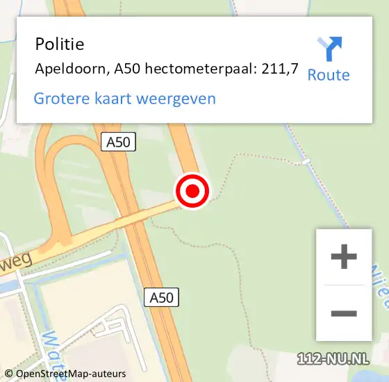 Locatie op kaart van de 112 melding: Politie Apeldoorn, A50 hectometerpaal: 211,7 op 25 augustus 2022 17:22