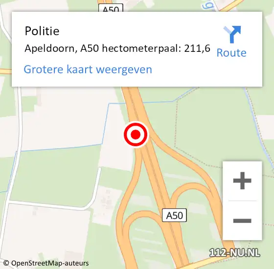 Locatie op kaart van de 112 melding: Politie Apeldoorn, A50 hectometerpaal: 211,6 op 25 augustus 2022 17:22