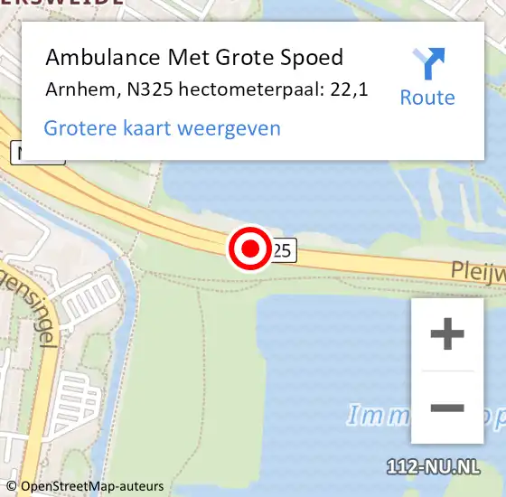 Locatie op kaart van de 112 melding: Ambulance Met Grote Spoed Naar Arnhem, N325 hectometerpaal: 22,1 op 25 augustus 2022 21:02