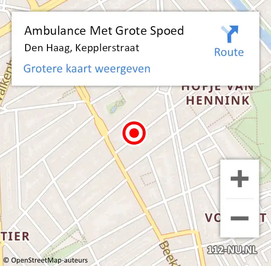 Locatie op kaart van de 112 melding: Ambulance Met Grote Spoed Naar Den Haag, Kepplerstraat op 26 augustus 2022 02:52