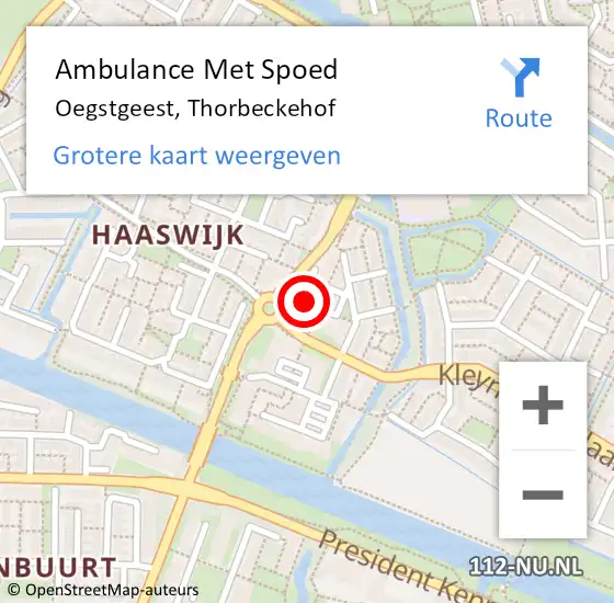 Locatie op kaart van de 112 melding: Ambulance Met Spoed Naar Oegstgeest, Thorbeckehof op 26 augustus 2022 20:34