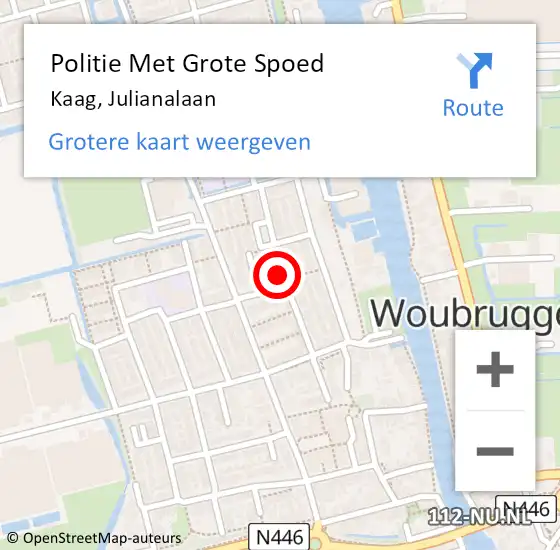 Locatie op kaart van de 112 melding: Politie Met Grote Spoed Naar Kaag, Julianalaan op 26 augustus 2022 21:44