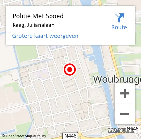Locatie op kaart van de 112 melding: Politie Met Spoed Naar Kaag, Julianalaan op 26 augustus 2022 21:52
