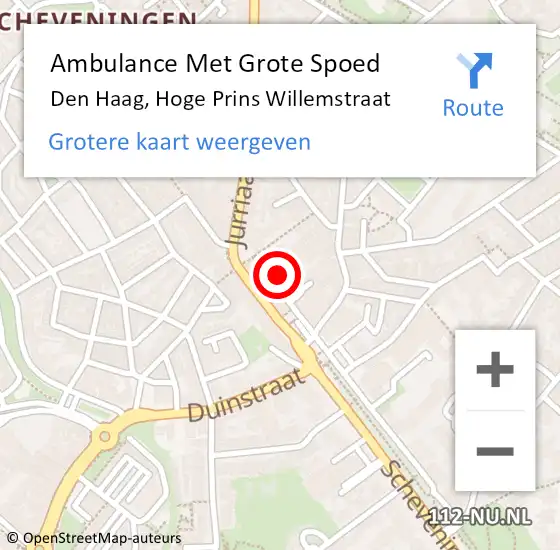 Locatie op kaart van de 112 melding: Ambulance Met Grote Spoed Naar Den Haag, Hoge Prins Willemstraat op 26 augustus 2022 22:59